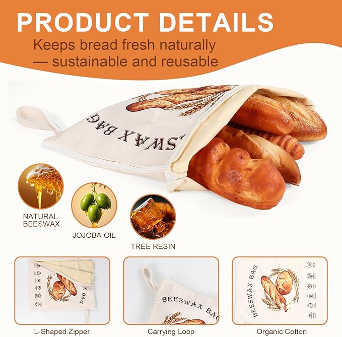 2 Pack Reusable Beeswax Bread Bags for Sourdough, Cotton Bread Bag with Wide Zipper Opening & Handle, XL Bread Bags for Homemade Bread, Keeps Bread Fresh Longer