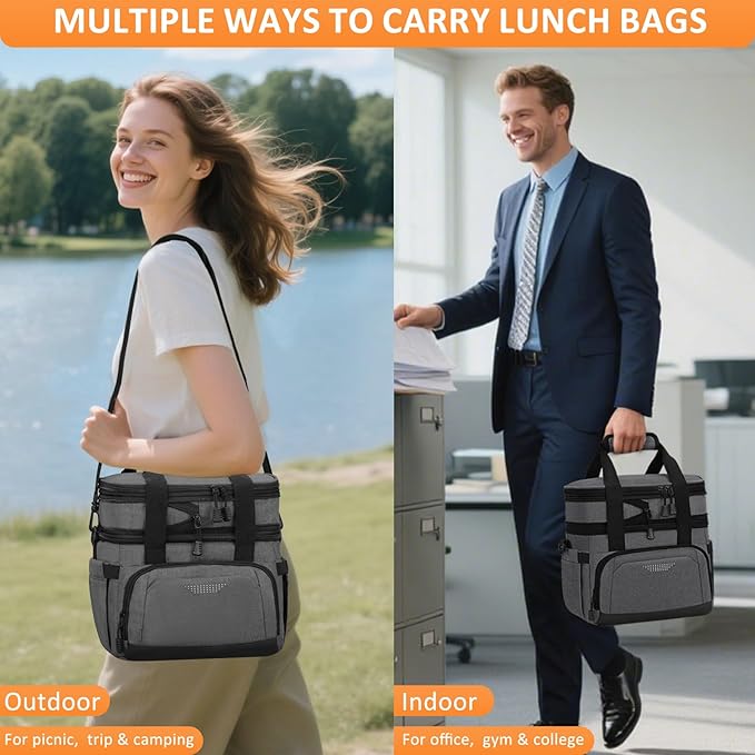 Vankor Lunch Box for Men Women, Large Double Layer Insulated Lunch Bag Tote Expandable Leakproof Waterproof Cooler Bag with Adjustable Shoulder Strap for Work Office Picnic Travel, Grey