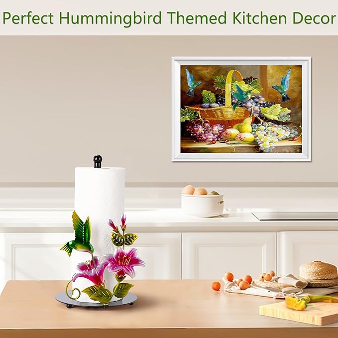 Flower & Hummingbird Decor Paper Towel Roll Holder Countertop - Farmhouse Kitchen Decor and Accessories, Hummingbird Housewarming Gifts for Women Mom Grandma, 3D Handmade Pattern, Weighted Base