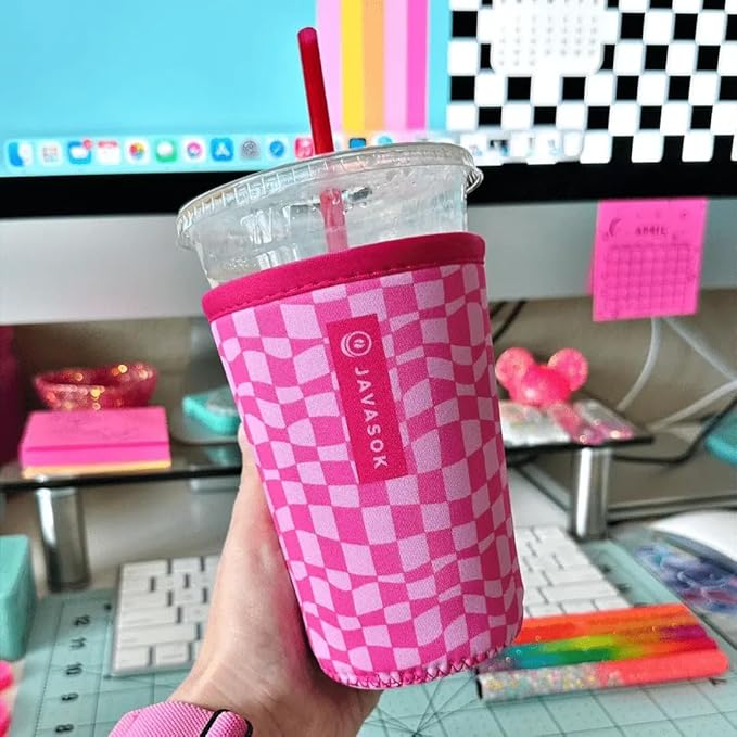 Sok It JavaSok Iced Coffee & Cold Soda Insulated Neoprene Cup Sleeve (Pink Grand Prix, Medium: 22-28oz)
