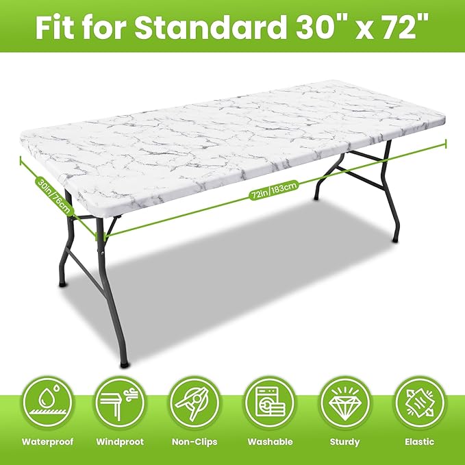 Smiry Spandex Fitted Tablecloth for 6 Foot Rectangle Tables, Washable Picnic Table Cover with Elastic, Stretch Reusable Table Cloth for Outdoor, Camping, Dining & Kitchen (Marble, 30"x72")
