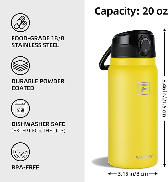 Fanhaw 20 Oz Insulated Stainless Steel Water Bottle with Chug Lid – Wide Mouth, Leak-Proof, BPA-Free – Ideal for Kids, Adults, Sports, Gym, and Outdoor Use (Yellow)
