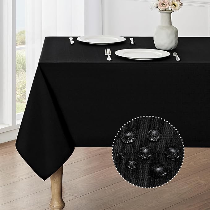 Veblandy 2 Pack Rectangle Tablecloth, 52x70 inch, Water Resistant Wrinkle Free Linen Textured Table Cloth Washable, Decorative Fabric Table Cover for Dining, Party and Camping, Black