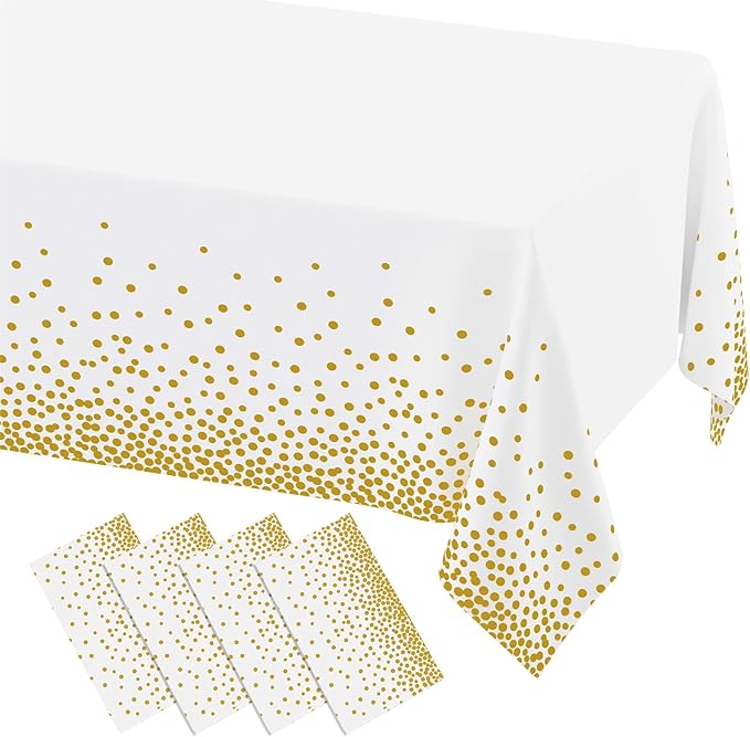 misaya 4 Packs Dot Disposable Table Cloth, 54 x 108 Inch Waterproof Plastic Tablecloth, Rectangle Gold Dots in White Table Covers for Picnic, Birthday, Party