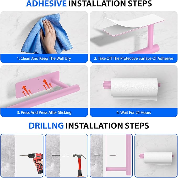 Paper Towel Holder Under Cabinet, Self-Adhesive,No Drilling, Stainless Steel, Wall-Mounted for Kitchen and Bathroom, Easy Install, Durable, Space-Saving, Ideal for Home, RV (Pink, 2 Pack)