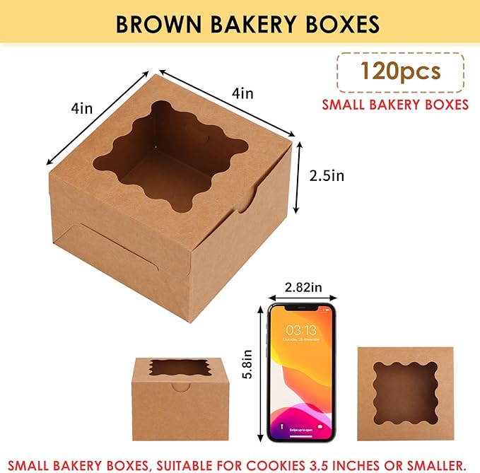 Moretoes 120pcs Cookie Boxes with Window, 4x4x2.5 Inches Brown Bakery Boxes Pastry Container Bulk for Small Cookies, Treats and Desserts