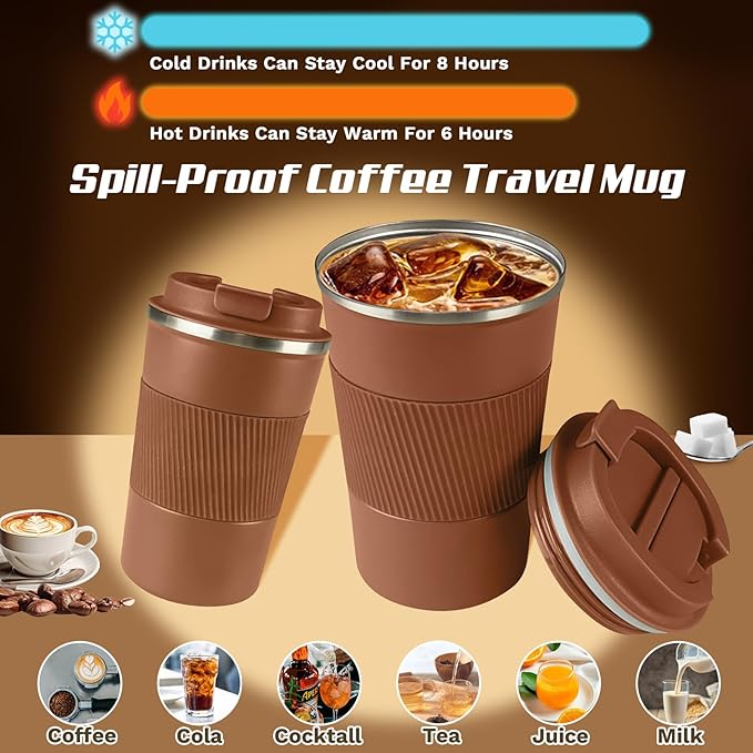 SPLMIFA Vacuum-Insulated Stainless Steel Travel Coffee Mug, Leak-Proof Reusable Coffee Cup with Lid -Keep Hot & Cold Drinks for Hours, Durable Insulated Tumbler for Men & Women(3rd-Light Coffee, 17OZ)