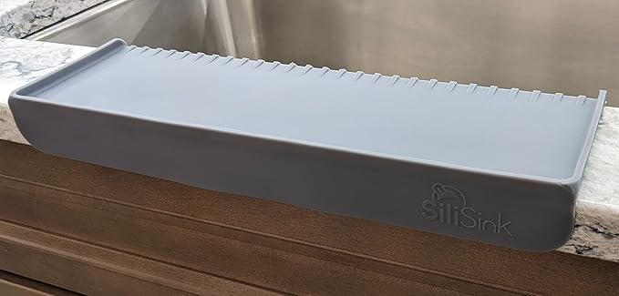 SiliSink Silicone Sink Edge Guard for Kitchen Sink - Fits 3.75” - 4” Wide - The Original Silicone Edge Protector with Sponge Caddy, 14” Gray