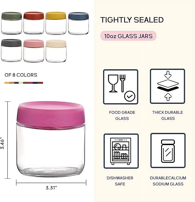10oz 4Pack Glass Overnight Oats Jars Containers with Airtight Leakproof Lids, Reusable Mason Jars for Meal Prep, Yogurt Parfaits, Smoothies, Salads & Healthy Breakfasts (10 OZ-4-1)