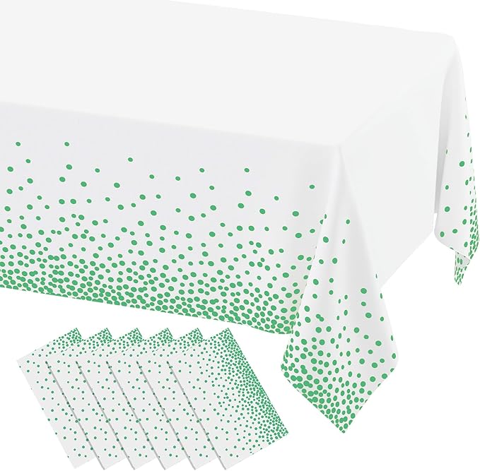 misaya 6 Packs Dot Disposable Table Cloth, 54 x 108 Inch Waterproof Plastic Tablecloth, Rectangle Green Dots in White Table Covers for Picnic, Birthday, Party