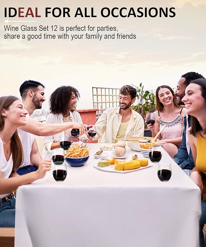 OJA Stemless Wine Glasses Set of 12, 15oz Crystal Red White Wine Glasses, No Stem, Clear, Sturdy Drinking Glass for Daily Use, Birthday, Wedding, Home Party, Anniversary, Shower Gift