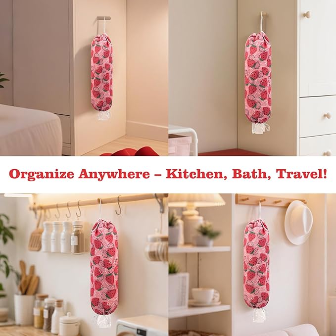 Strawberry Grocery Plastic Bag Holder and Dispenser,Farmhouse Home Decor,Reusable Grocery Accessories Organizer,Garbage Shopping Trash Bags Storage for Kitchen,Gifts for Women Family (Strawberry2)