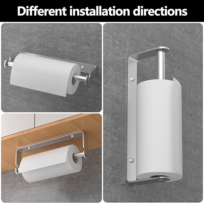Under Cabinet Paper Towel Holder, Adhesive or Drill Mount Paper Towel Holder, Wall Mount Paper Towel Holders for Kitchen or Bathroom (Silver)