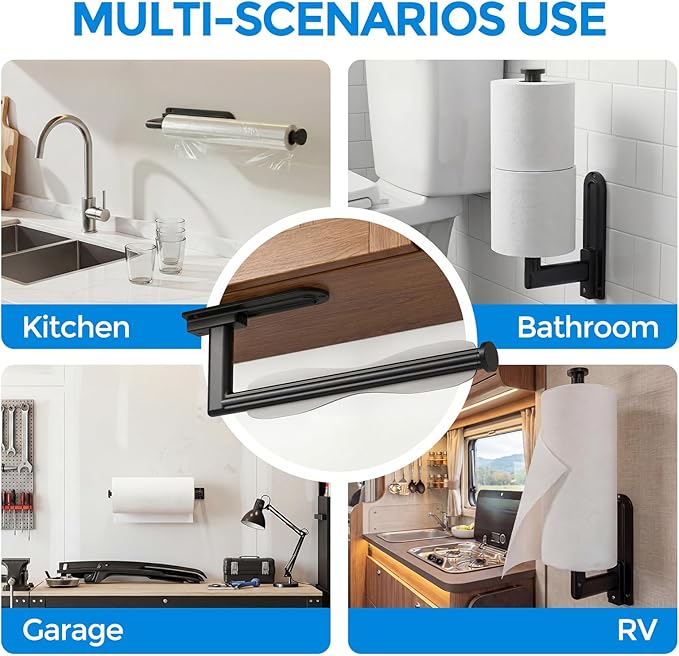 zaa Paper Towel Holder Under Cabinet - Self Adhesive or Drilling Paper Towel Holder Wall Mount, One Hand Tear Black Towel Holder for Kitchen Organization, Bathroom, Sink, Pantry, Fridge, RV