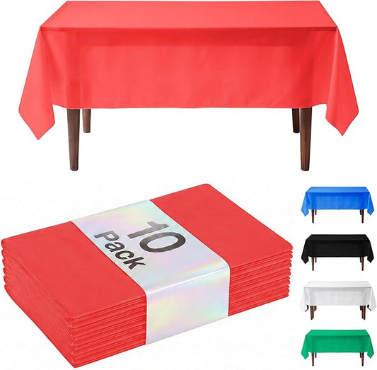 Auros Premium Plastic Tablecloths 10 Pack, 54 x 108 Inch Rectangle Disposable Table Covers for 8FT Tables, Thick & Durable, Waterproof & Spill-Proof, Easy Cleanup for Parties, Wedding, Party Red