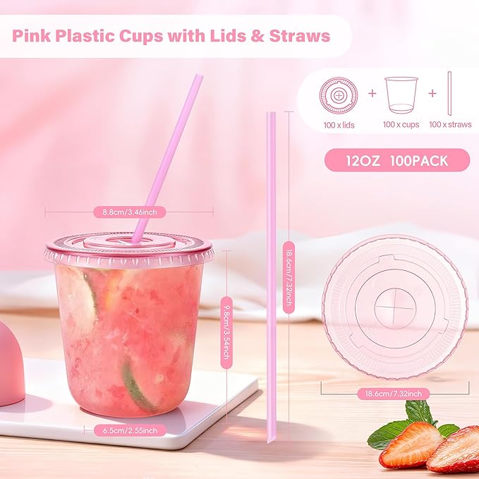 tchrules 100 Set 12oz Pink Plastic Cups with Lids & Straws, Disposable Iced Coffee Cup with Lid, Round Bottom Plastic To Go Cups for Cold Drinks Slushie Smoothie Valentine Galentine Party Supplies