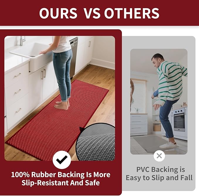 YDKGL Kitchen Runner Rugs Non Slip Washable, Super Absorbent Soft Chenille Braided Kitchen Mats for Floor Rubber Backing Standing Sink Mat Floor Mat, Easy to Clean, Red 17"x59"