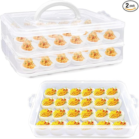 2 Layers Deviled Egg Containers with Lid,48 Slots Deviled Eggs Holder with Handle,Plastic Egg Tray,Portable Egg Storage Carrier Platter for Easter,Thanksgiving Day,Party,Picnic