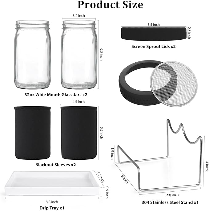 Kitmiido Organic Seed Sprouting Jar Kit – 2 × 32 oz Wide-Mouth Mason Jars with Stainless-Steel Sprouter Lids & Stand, Blackout Sleeves, Drain Tray – Grow Broccoli, Alfalfa & Bean Microgreens