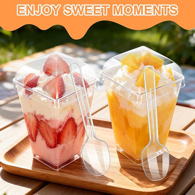 200 Pack 5oz Plastic Dessert Cups with Lids and Spoons, Mini Clear Yogurt Parfait Cups with Lids, Small Dessert Shooter Cups, Square Appetizer Cups for Party Fruit Pudding Trifle Ice Cream Tasting