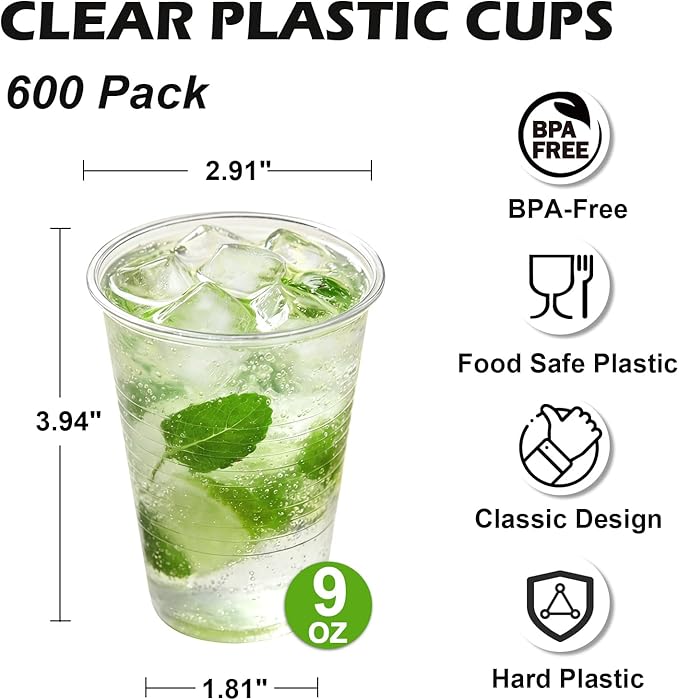Lamosi 600 Pack 9 oz Clear Plastic Cups, Plastic Disposable Cups, Cold Drinking Water cups for Party, Wedding, Travel, BBQ, Picnic, Event