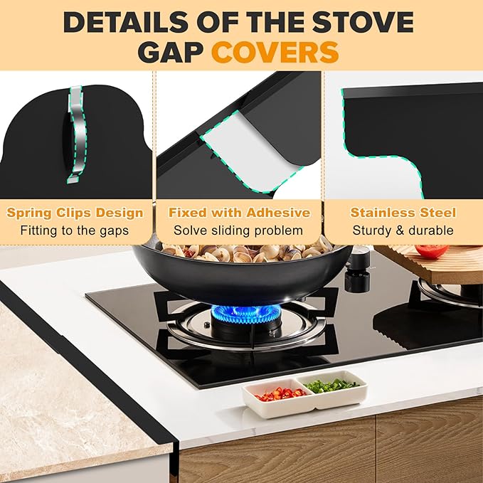 Stove Gap Covers - 304 Stainless Steel Oven Side Gap Filler, 2 Pack Stove Gap Filler Retractable Length 13.8" to 27.5", Spring Clip Design Fitting Gap Strong Guard Between Stove Top & Counter - Black