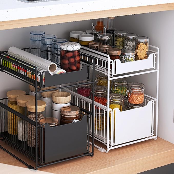 IDEALHOUSE 2-Tier Pull Out Cabinet Organizer, Heavy Duty Slide Out Pantry Shelves Drawer Storage Fixed with Adhesive Film, Sliding Mesh Cabinet Basket for Kitchen Bathroom Home, White