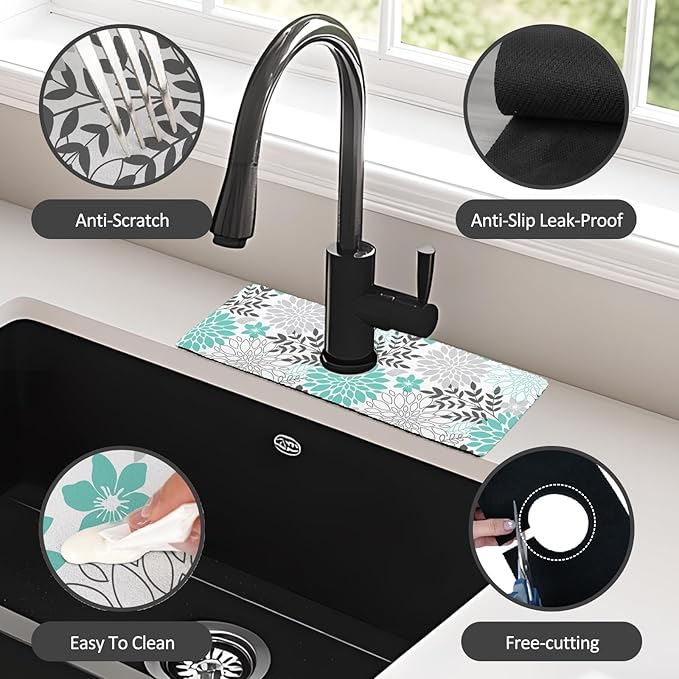 15" X 5.5" Kitchen Sink Splash Guard Faucet Mat Floral Super Absorbent Fast Drying Faucet Guard & Draining Mat Sink Splash Guard Behind Faucet for Kitchen, Bathroom