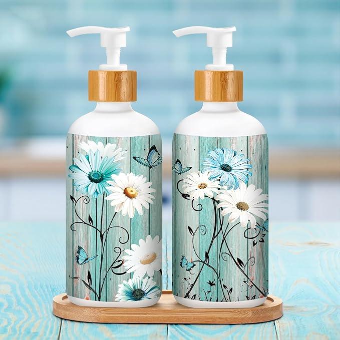 Potchen 2 Pack Glass Soap Dispenser Set Bathroom Decor Housewarming Gift Glass Soap Dispenser with Pump Wood Tray Home Decoration for Kitchen Bathroom (Teal Daisy)