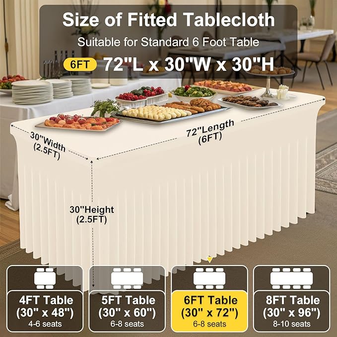 Smiry Spandex Tablecloth, Elastic Fitted Stretch Tablecloth for 6FT Rectangle Tables, Waterproof Washable Table Cover Skirt for Outdoor, Wedding, Banquet & Parties (Beige, 72Lx30Wx30H Inch)