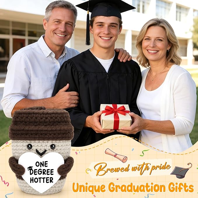 Graduation Gifts for Her Him College High School University Grad Gifts for Women Men Handmade Positive Crochet Coffee Mug One Degree Hotter 2026 Funny Masters Degree Graduation Party Decorations
