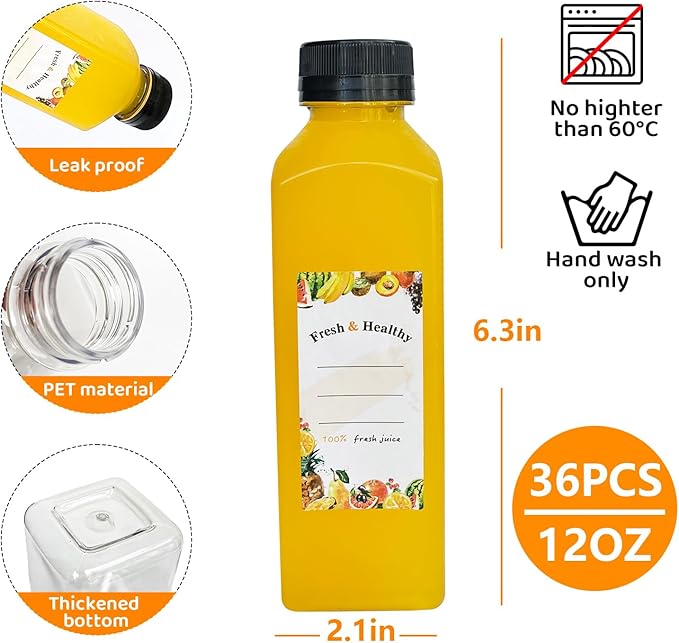 36pcs 12 oz Plastic bottles with lids,Juice bottles with caps, Reusable Clear Bulk Beverage Containers for Juice, Milk and Other Beverages