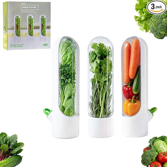 3 Pack Cilantro Container for Fridge Herb Saver Fresh Herb Keeper with Removable Silicone Drain Plug Vegetable Preservation Storage Container for Mint Basil Extend Freshness Up to 2-3 Weeks