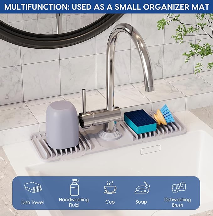 17.7 Inch Silicone Faucet Mat for Kitchen Sink Splash Guard - 7° Slope Upgraded Water Draining Mat with Fasten Button for Bathroom Area (Gray, 17.7''x5.5'')