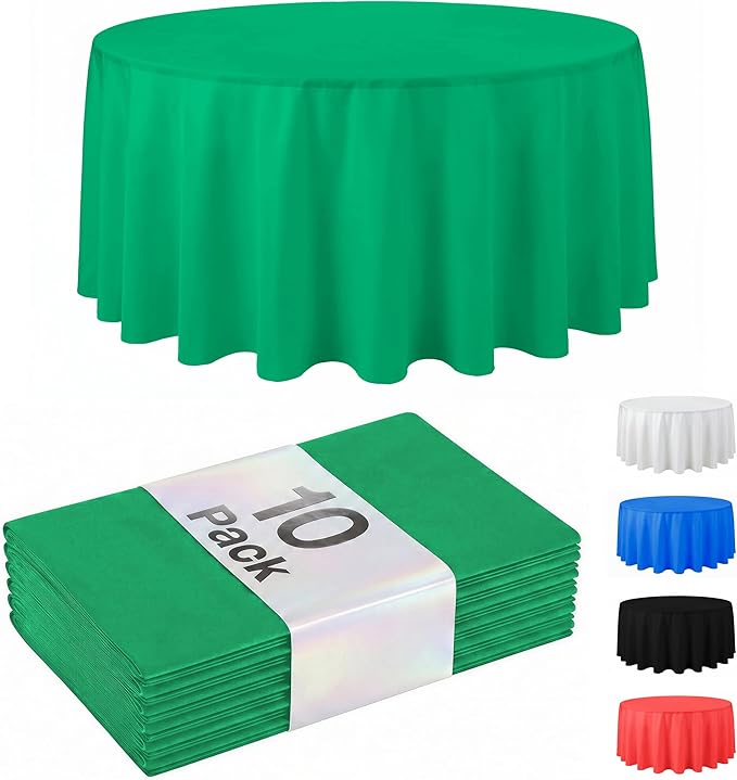 Auros Premium Plastic Tablecloths 10 Pack, 84'' Round Disposable Table Covers, Thick & Durable, Waterproof & Spill-Proof, Easy Cleanup for Parties, Wedding, Picnic, Kelly Green