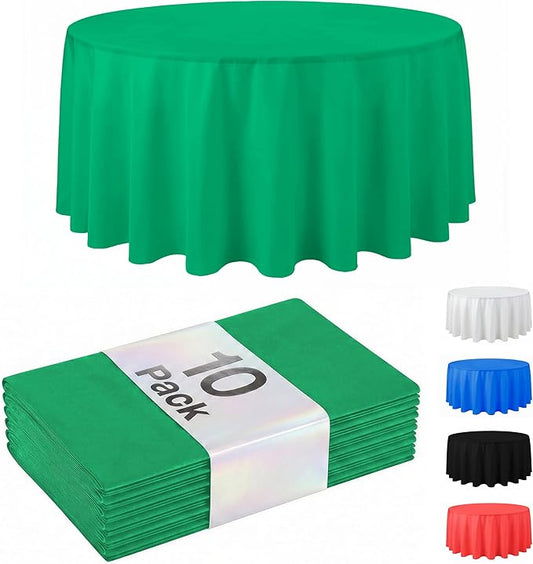 Auros Premium Plastic Tablecloths 10 Pack, 84'' Round Disposable Table Covers, Thick & Durable, Waterproof & Spill-Proof, Easy Cleanup for Parties, Wedding, Picnic, Kelly Green