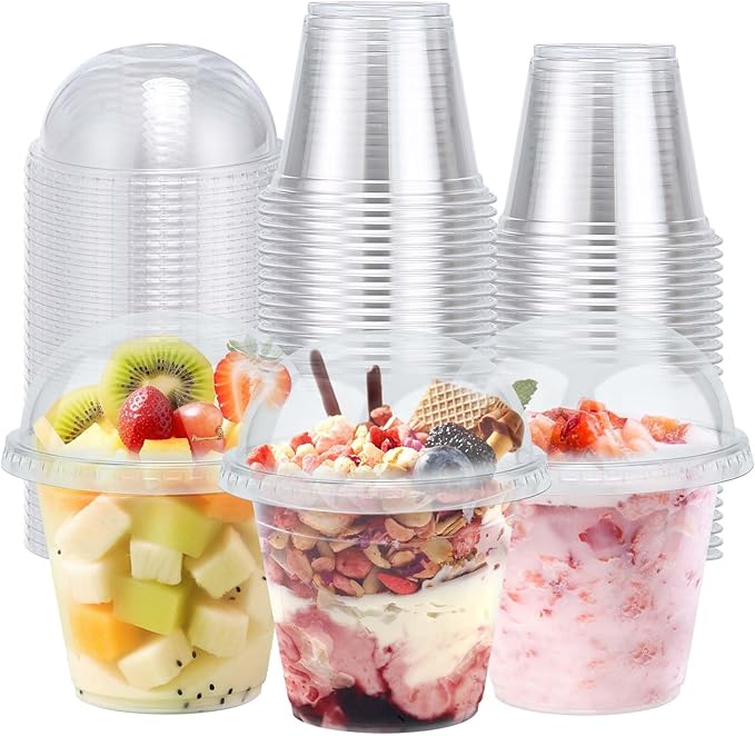 Clawsoff 50 Pack 9 oz Plastic Cups with Dome Lids, Disposable Dessert Cup No Hole, Fruit Cup, Clear Parfait Cups for Cake, Cold Drink, Ice Cream, Salad