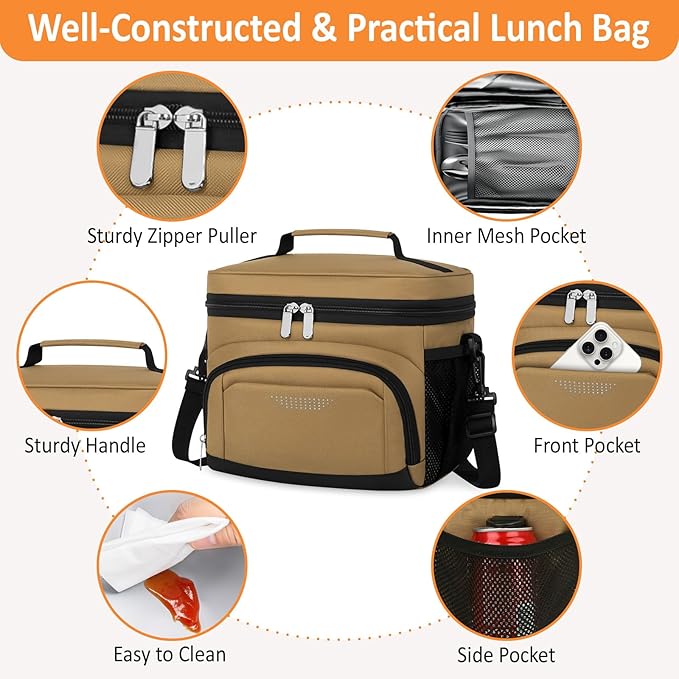 Vankor Insulated Lunch Bag for Men Women, Reusable Lunch Box Leakproof Cooler Lunch Tote Bag with Adjustable Shoulder Strap for Work Office Picnic Beach Travel, Khaki
