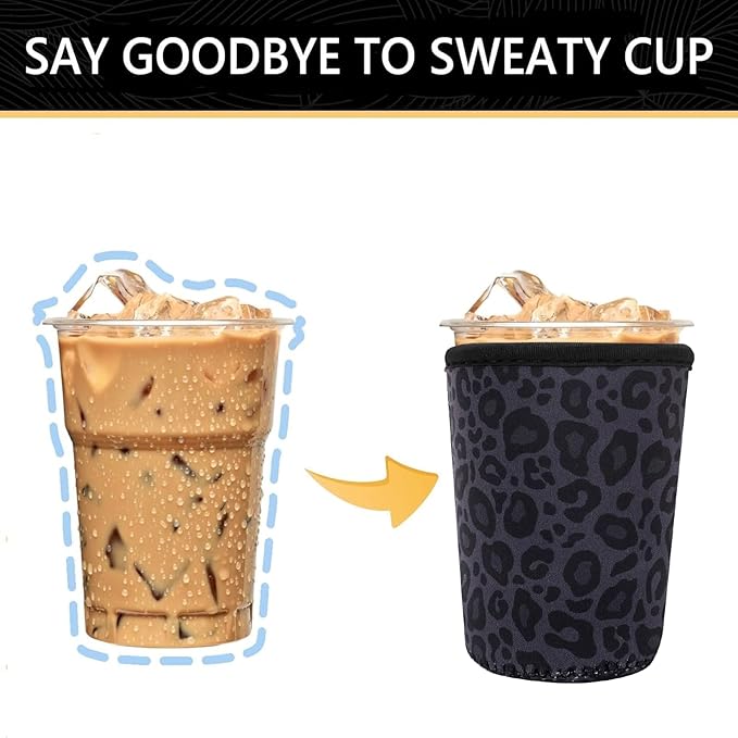 YR Reusable Neoprene Insulator Sleeve for Iced Coffee Cups, 3 Pack Coffee Coolies sleeves for Iced & Hot Drinks, Cold Beverage Cooler Compatible with Starbucks Coffee and More (Black Leopard Print)