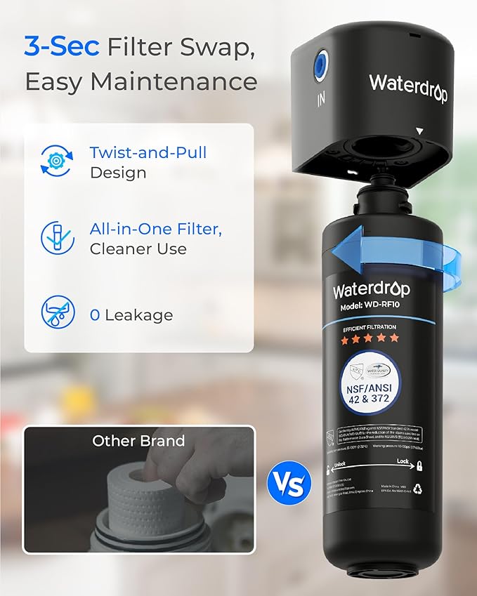 Waterdrop RF10 Water Filter Replacement for Waterdrop 10UA/10UB/10UB-B Under Sink Water Filter, Reduces PFAS, PFOA/PFOS, Lead, Chlorine, Bad Taste & Odor, NSF/ANSI 42 Certified, 1 Year, 1 Pack