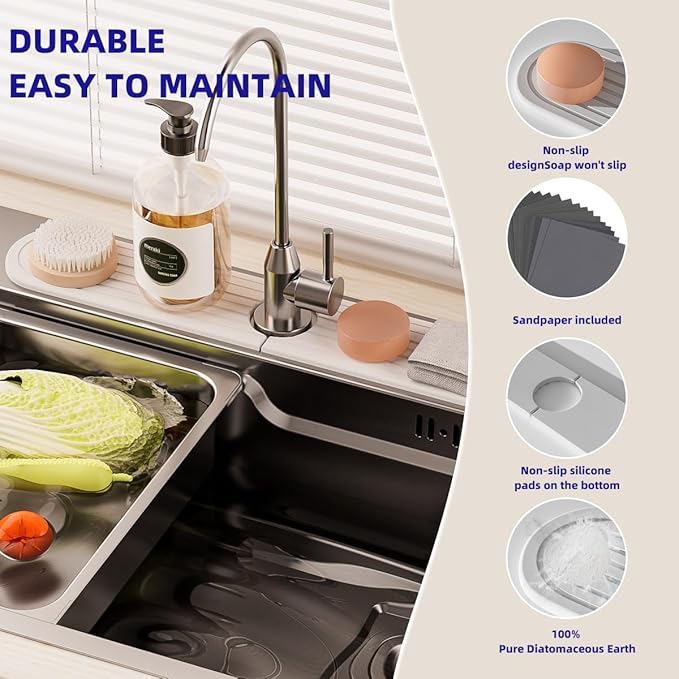 PEKER Faucet Mat for Kitchen Sink 23.6" – Diatomite Fast Drying Stone Sink Tray, Super Absorbent Faucet Splash Guard for Bathroom Counter, Sink Drip Catcher & Organizer