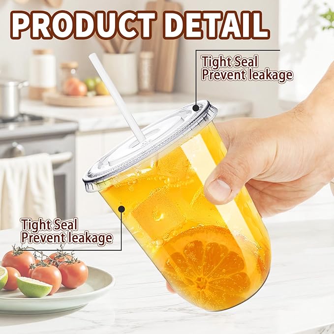 Alaeseje 100 Pack Clear Plastic Cups with Lids and Straws,16 oz Disposable Iced Coffee Cups,PET Crystal Cups,Round Bottom To Go Cup for Iced Coffee Juice Smoothie Cold Beverage