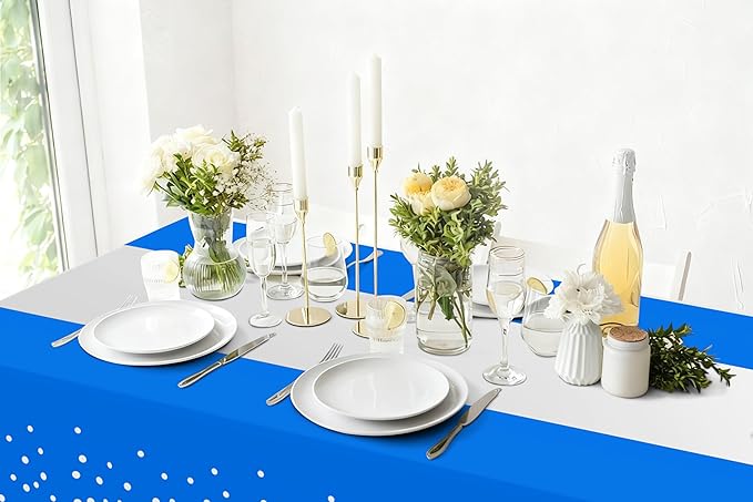 Smiry Plastic Table Cloth Disposable 5 Pack, 54 x 108 Inch Rectangle Waterproof Tablecloth, Printed Gold Table Runner Style for Birthday Weeding, Party Decorations, Leakproof & Sturdy, Blue and Sliver