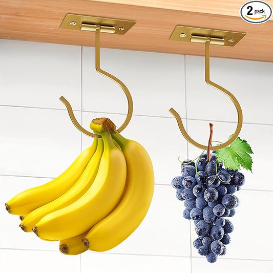 2PCS Self Adhesive Banana Hook Under Cabinet Foldable Banana Hanger Metal Under Counter Banana Hook to Keep Bananas Fresh Banana Holder for Kitchen RV Space Saving, Golden
