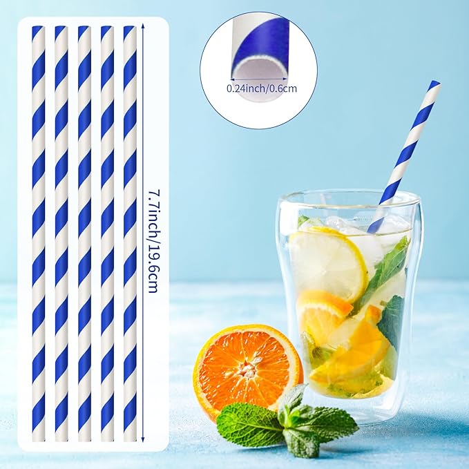 100 Packs Navy Blue Biodegradable Striped Paper Straws, Disposable Drinking Straws for Birthday Carnival Summer Pool Party Wedding Baby Shower Halloween Christmas Party Decoration Supplies