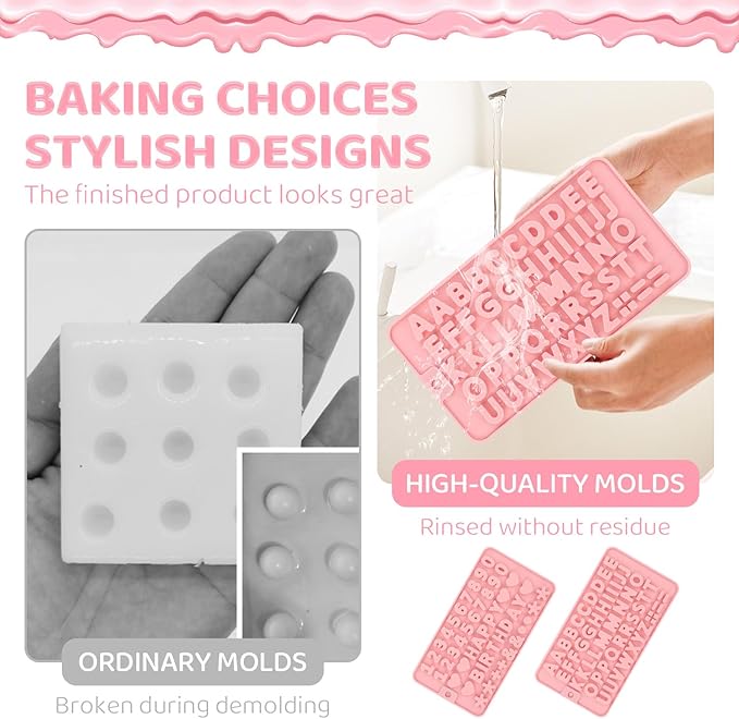 2PCS Silicone Molds for Chocolate,Number Letter Molds,Reusable Candy Molds with Happy Birthday Decorating Symbols,Mini Size Alphabet Decorating for Birthday Cake Lollipop Fondant Chocolate (Pink)