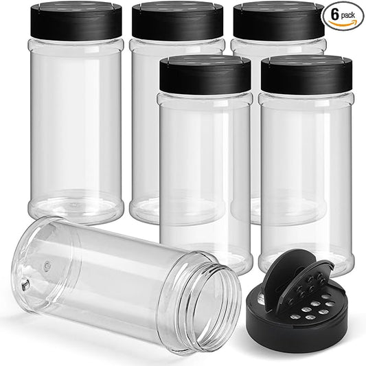 TUZAZO 16 Oz Spice Bottles Plastic Seasoning Containers, 6 PACK Large Plastic Spice Jars with Shaker Lids Empty for Spice & Herbs, Powders, Glitters, BPA Free | Wide Mouth | Dual Flip Tops