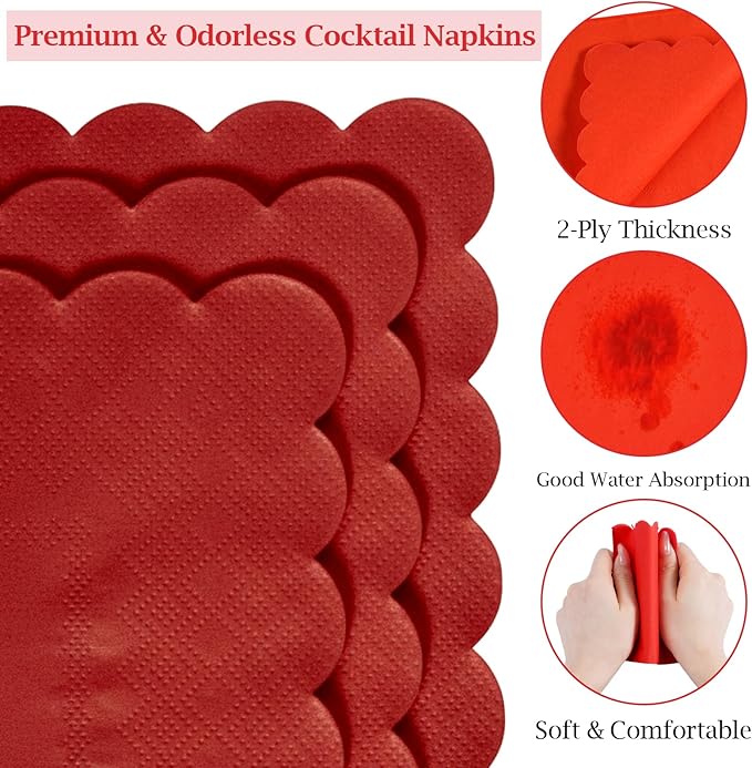 100 Pcs Cocktail Napkins, 2-Ply 5 x 5 Inches Disposable Scalloped Napkins, Thick Premium Dessert Napkins for Party, Wedding, Dinner, Birthday, Anniversary, Festival (Red)