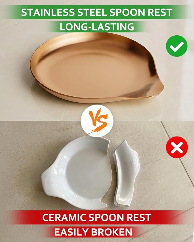 Stainless Steel Spoon Rest, Spatula Ladle Holder, Stainless Steel Utensil Spoon Rest Holder, Brushed Finish, Dishwasher Safe 5.9 x 5.1 Inch (Round Rose Gold 1PC)