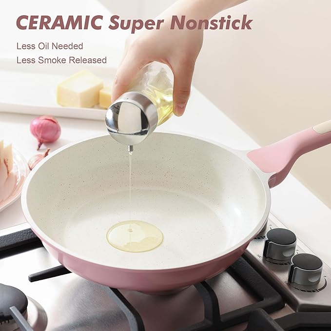 SENSARTE Nonstick Ceramic Frying Pan with Lid 10 Inch Omelet Pan Skillet, Free of Intentionally Added PFAS/PTFE Non-toxic Chef's Pan Induction Compatible Pan, Heat Resistant Handle,Sakura Pink